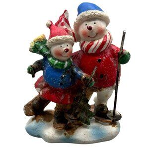 Vintage Snowman & Child Skiing Figurine village shine tree 3.5X2.5" READ